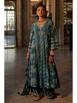 Paulmi & Harsh - Women Teal Cotton Silk V-Neck Kurta with Palazzo and Dupatta