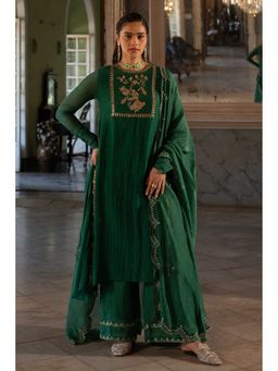 Paulmi & Harsh - Women Green Chanderi Round Neck Kurta with Palazzo and Dupatta