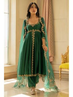 Paulmi & Harsh - Women Green Chiniya Silk Round Neck Kurta with Pant and Dupatta