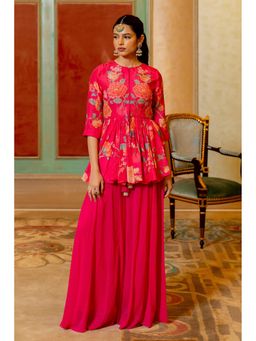 Paulmi & Harsh - Women Pink Chiniya Silk Round Neck Kurta with Palazzo