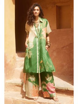 Paulmi & Harsh - Women Green Silk Collar Neck Kurta with Pant