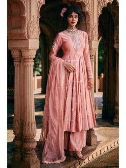 Paulmi & Harsh - Women Pink Chiniya Silk Round Neck Kurta with Palazzo and Dupatta