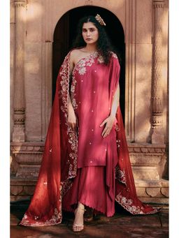 Paulmi & Harsh - Women Maroon Silk One Shoulder Kurta with Palazzo