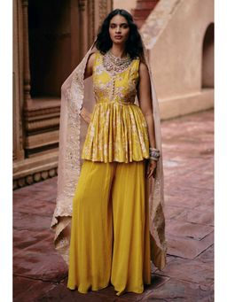 Paulmi & Harsh - Women Yellow Chiniya Silk Round Neck Kurta with Palazzo