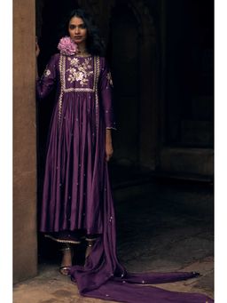 Paulmi & Harsh - Women Purple Chiniya Silk V-Neck Kurta with Pant and Dupatta