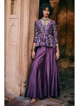 Paulmi & Harsh - Women Purple Chiniya Silk V-Neck Kurta with Palazzo