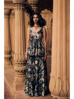 Paulmi & Harsh - Women Navy Blue Chiniya Silk V-Neck Kurta with Palazzo