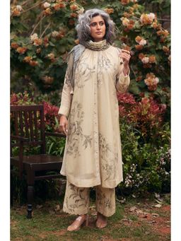 Paulmi & Harsh - Women Ivory Cotton Mandarin Neck Kurta with Slip, Palazzo, Scaff