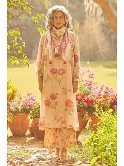 Paulmi & Harsh - Women Beige Chanderi Round Neck Kurta with Palazzo and Scaff