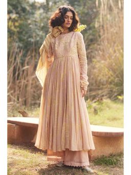 Paulmi & Harsh - Women Pink Chanderi Round Neck Kurta with Pant and Dupatta