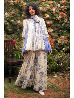 Paulmi & Harsh - Women Off White Chanderi Round Neck Kurta with Palazzo and Scaff