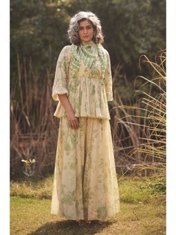 Paulmi & Harsh - Women Green Chanderi Round Neck Kurta with Palazzo and Scaff