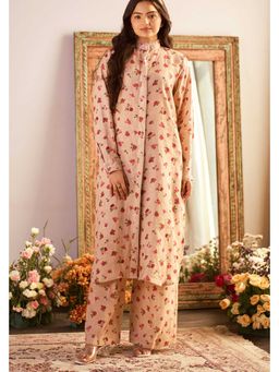 Paulmi & Harsh - Women Cream Linen Mandarin Neck Kurta with Pant