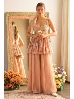 Paulmi & Harsh - Women Peach Chanderi Round Neck Kurta with Palazzo