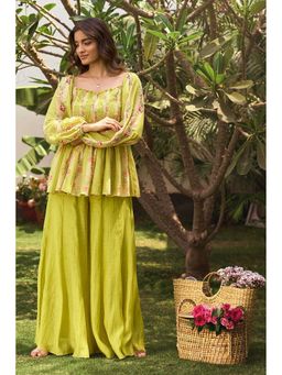 Paulmi & Harsh - Women Green Chanderi Square Neck Kurta with Palazzo and Scarf