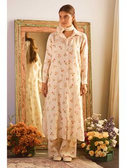 Paulmi & Harsh - Women Off White Linen Collar Neck Kurta with Pant and Scarf