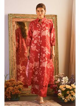 Paulmi & Harsh - Women Red Linen Mandarin Neck Kurta with Pant