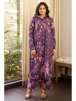 Paulmi & Harsh - Women Purple Linen Collar Neck Kurta with Pant