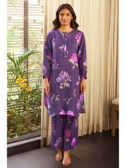 Paulmi & Harsh - Women Purple Linen Round Neck Kurta with Pant