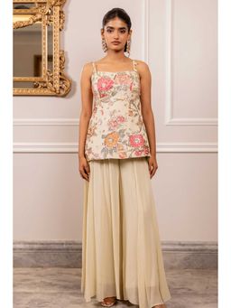 Paulmi & Harsh - Women Off White Georgette Shoulder Straps Kurta with Palazzo