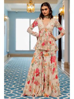 Paulmi & Harsh - Women Off White Georgette V-Neck Kurta with Sharara