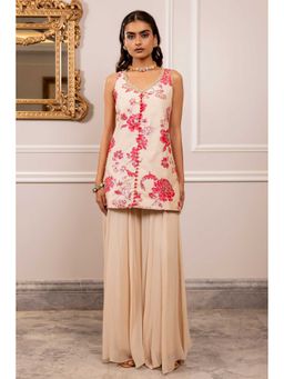 Paulmi & Harsh - Women Off White Chiniya Silk V-Neck Kurta with Palazzo