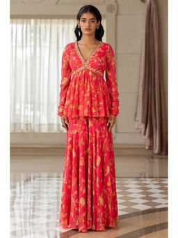 Paulmi & Harsh - Women Pink Georgette V-Neck Kurta with Sharara