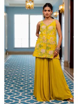 Paulmi & Harsh - Women Yellow Chiniya Silk V-Neck Kurta with Palazzo