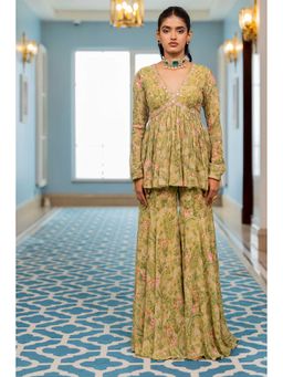 Paulmi & Harsh - Women Green Georgette V-Neck Kurta with Palazzo