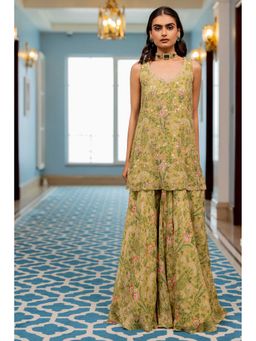 Paulmi & Harsh - Women Green Georgette V-Neck Kurta with Sharara