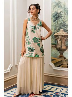 Paulmi & Harsh - Women Off White Georgette Round Neck Kurta with Palazzo