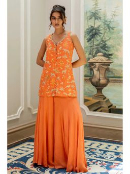 Paulmi & Harsh - Women Orange Chiniya Silk V-Neck Kurta with Palazzo