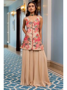 Paulmi & Harsh - Women Pink Chiniya Silk V-Neck Kurta with Palazzo