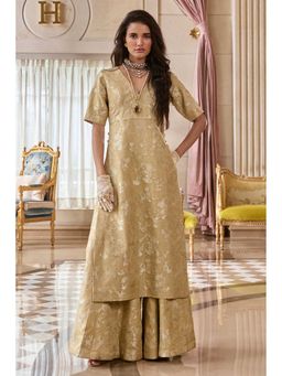 Paulmi & Harsh - Women Beige Jacquard V-Neck Kurta with Palazzo