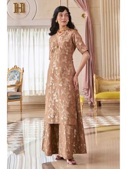 Paulmi & Harsh - Women Brown Silk V-Neck Kurta with Palazzo
