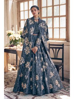 Paulmi & Harsh - Women Black Chiniya Silk Round Neck Anarkali Kurta with Jacket