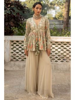 Paulmi & Harsh - Women Ivory Chiniya Silk V-Neck Kurta with Palazzo