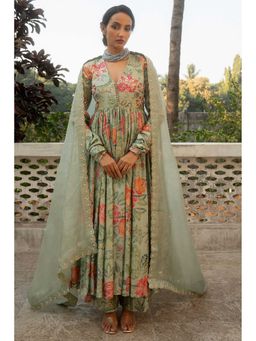 Paulmi & Harsh - Women Green Chiniya Silk V-Neck Kurta with Pants and Dupatta