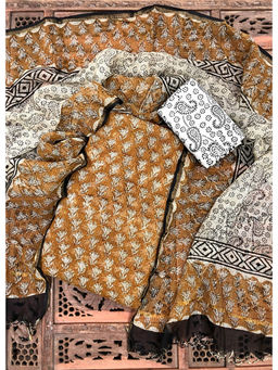 Palash - Brown Hand Block Printed Kotadoria Unstitched Full Suit (Set of 3)
