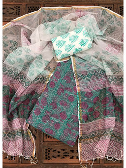 Palash - Blue Hand Block Printed Kotadoria Unstitched Full Suit (Set of 3)