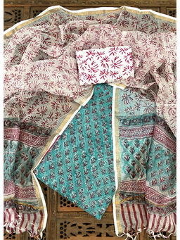 Palash - Teal Hand Block Printed Kotadoria Unstitched Full Suit (Set of 3)