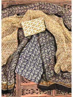 Palash - Yellow Hand Block Printed Kotadoria Unstitched Full Suit (Set of 3)