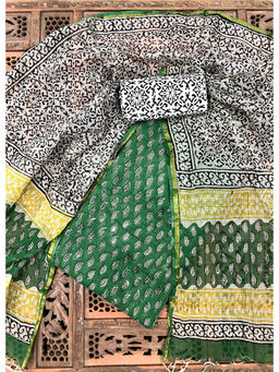 Palash - Green Hand Block Printed Kotadoria Unstitched Full Suit (Set of 3)