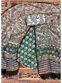 Palash - Green Hand Block Printed Kotadoria Unstitched Full Suit (Set of 3)