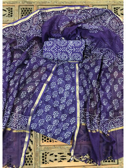 Palash - Purple Hand Block Printed Kotadoria Unstitched Full Suit (Set of 3)