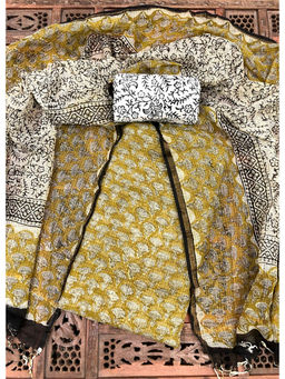 Palash - Yellow Hand Block Printed Kotadoria Unstitched Full Suit (Set of 3)