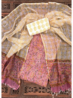 Palash - Pink Hand Block Printed Kotadoria Unstitched Full Suit (Set of 3)