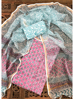 Palash - Pink Hand Block Printed Kotadoria Unstitched Full Suit (Set of 3)