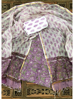 Palash - Purple Hand Block Printed Kotadoria Unstitched Full Suit (Set of 3)