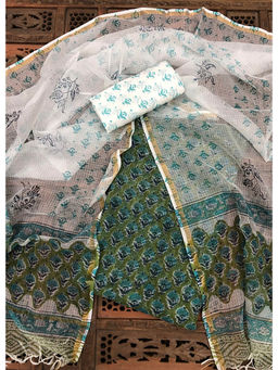 Palash - Green Hand Block Printed Kotadoria Unstitched Full Suit (Set of 3)